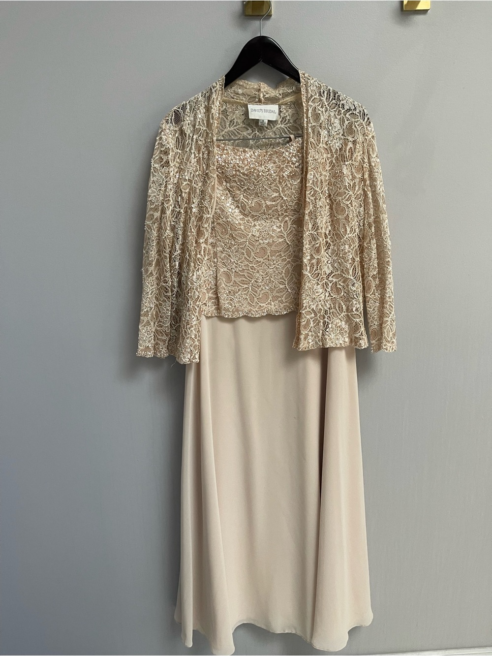 David's Bridal Sequined Lace Dress and Jacket Set in Champagne Blush